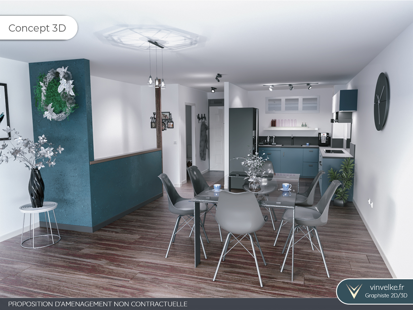 home staging virtuel pour un salon avec cuisine ouverte