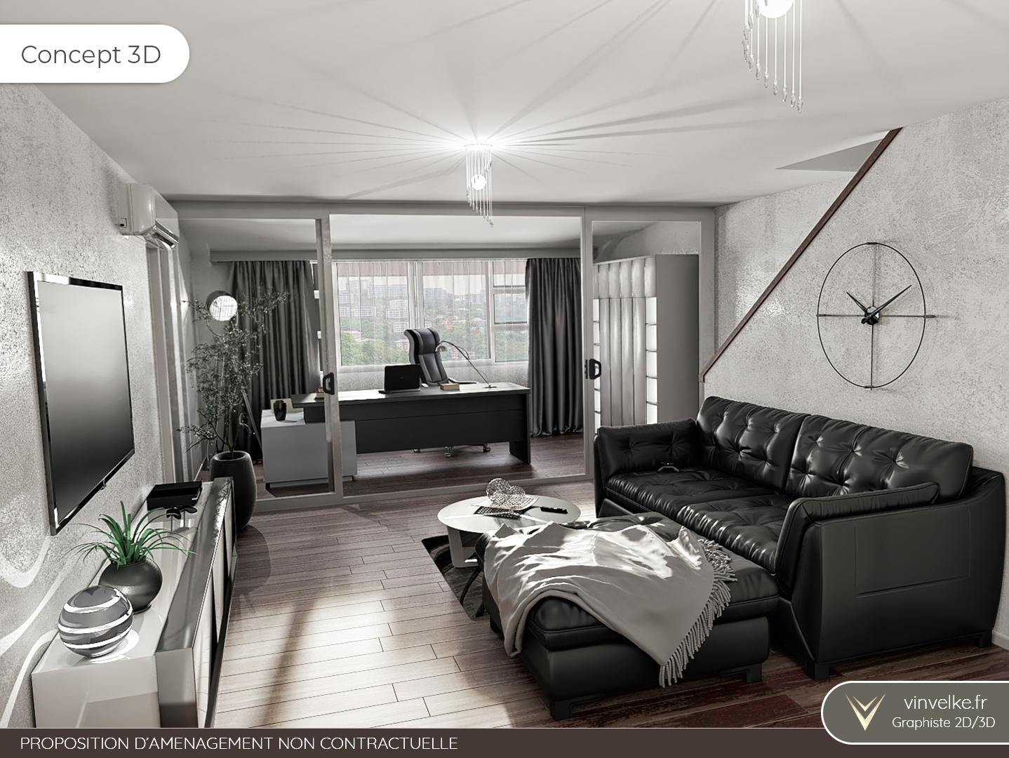 concept 3d home staging virtuel pour un salon avec bureau