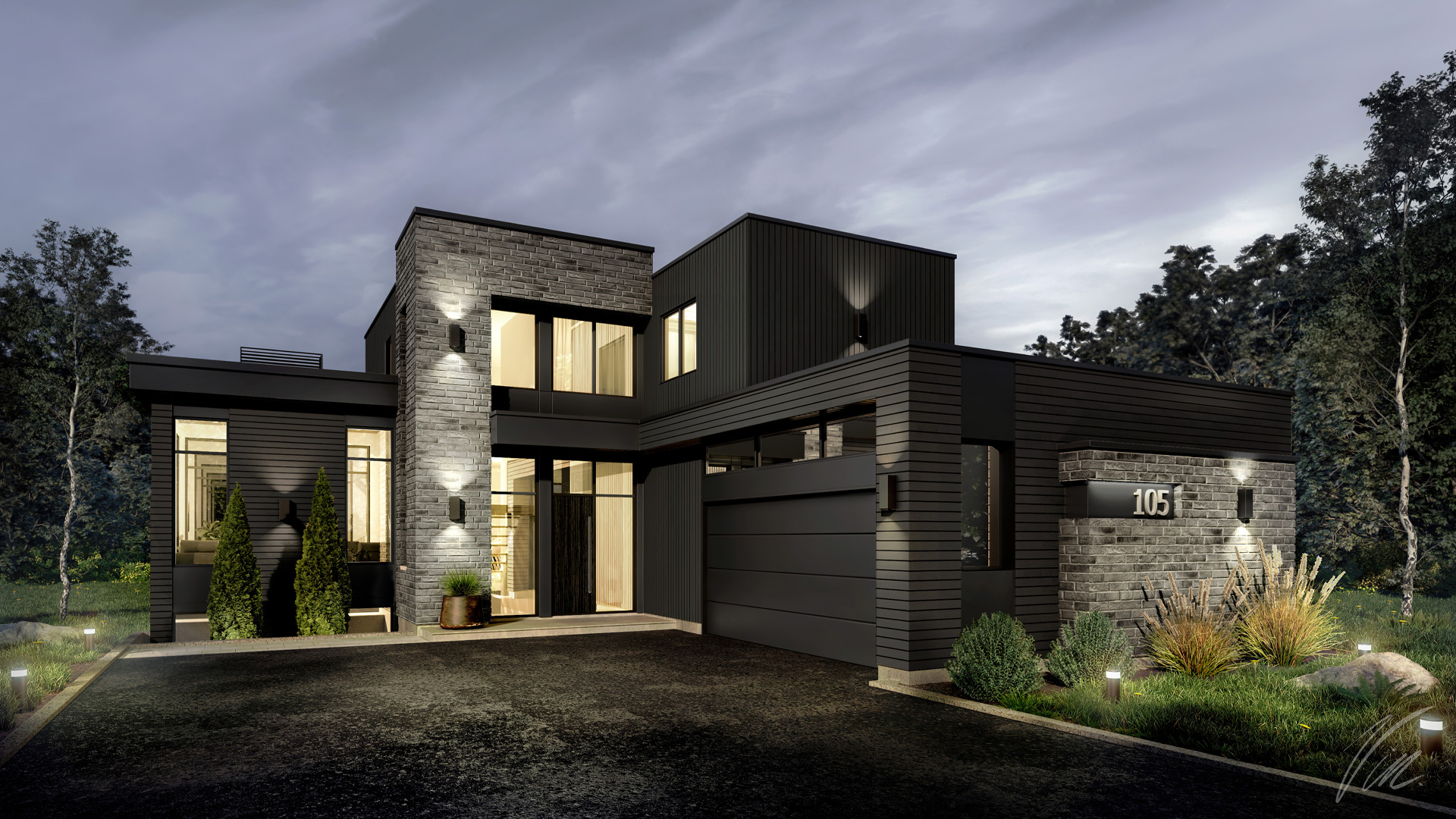 plan 3d photorealiste architecture contemporaine pierre bois noir exterieur toit plat moderne
