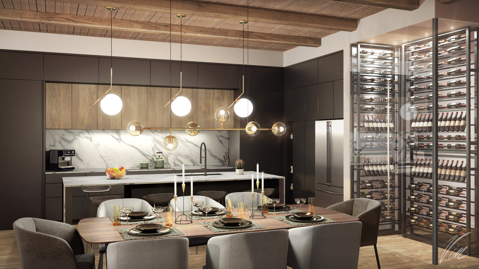 plan design 3d moderne photorealiste home staging virtuel cuisine luxueuse noire